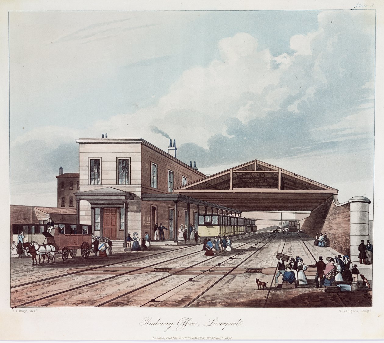 Železniční úřad, Liverpool, vyryl S.G. Hughes, 1831 (barevná akvatinta) od Thomas Talbot after Bury