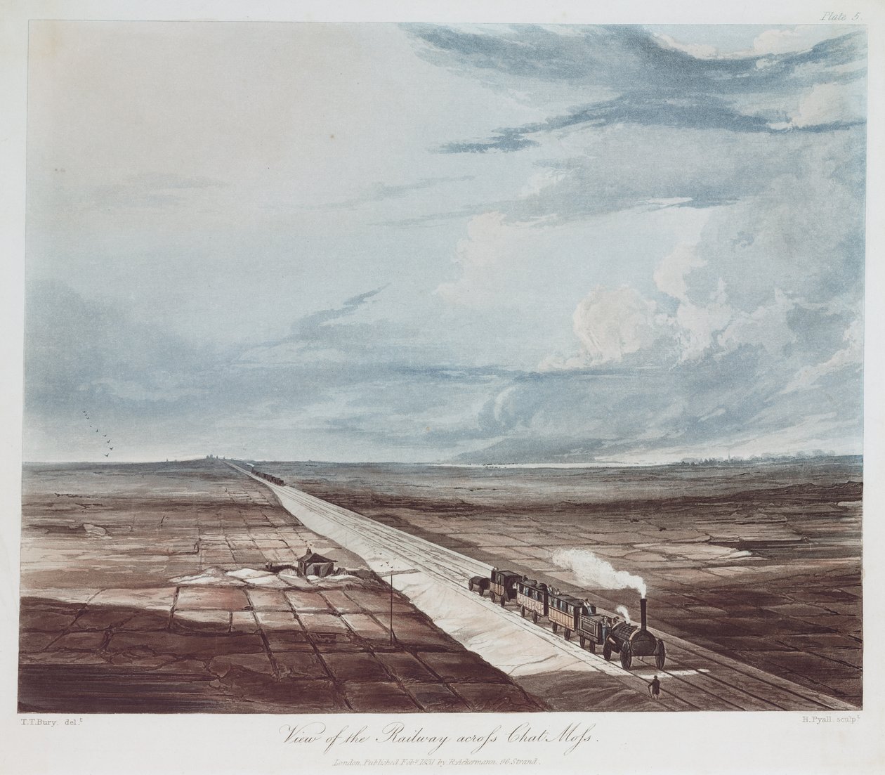 Pohled na železnici přes Chat Moss, vyrytý Henry Pyall (1795-1833) 1831 (barevný aqautint) od Thomas Talbot after Bury