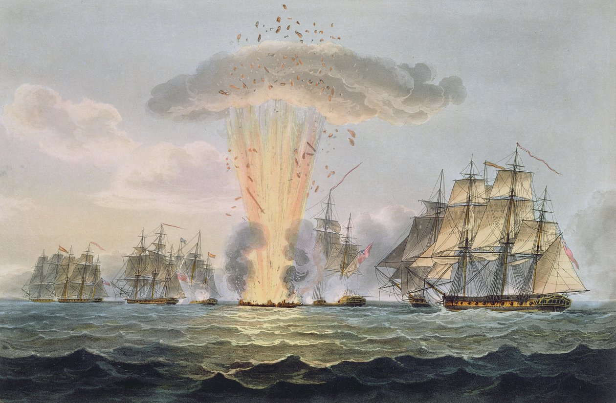 Zajetí a zničení čtyř španělských fregat, 5. října 1804, vyryl Thomas Sutherland pro knihu J. Jenkinse "Naval Achievements", 1816 (barevná rytina) od Thomas Whitcombe