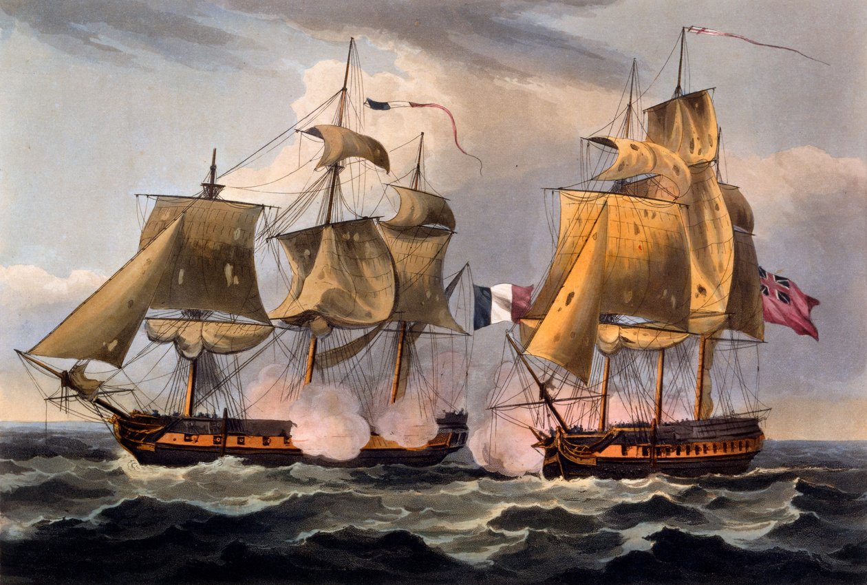 Capture of Castor, tisk Thomase Sutherlanda, z „The Naval Achievements of Great Britain, From the Year 1793 to 1817“, James Jenkins, nejprve publikoval v roce 1817 (ručně kolorovaná akvatinta) od Thomas Whitcombe