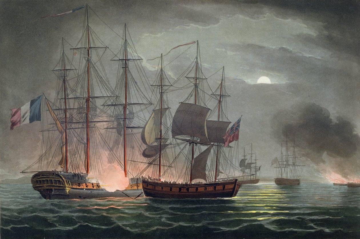 Capture of La Desiree, 7. července 1800, z „The Naval Achievements of Great Britain“ od Jamese Jenkinse, vyryto Thomasem Sutherlandem (b.c.1785), publikováno 1816 (ručně kolorovaná akvatinta) od Thomas Whitcombe