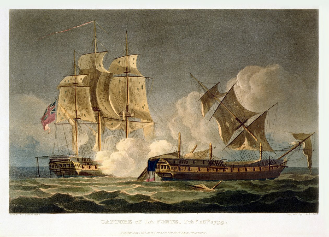 Zajetí La Forte, 28. února 1799, vyryto Thomasem Sutherlandem pro „Naval Achievements“ J. Jenkinse, 1816 (barevná rytina) od Thomas Whitcombe