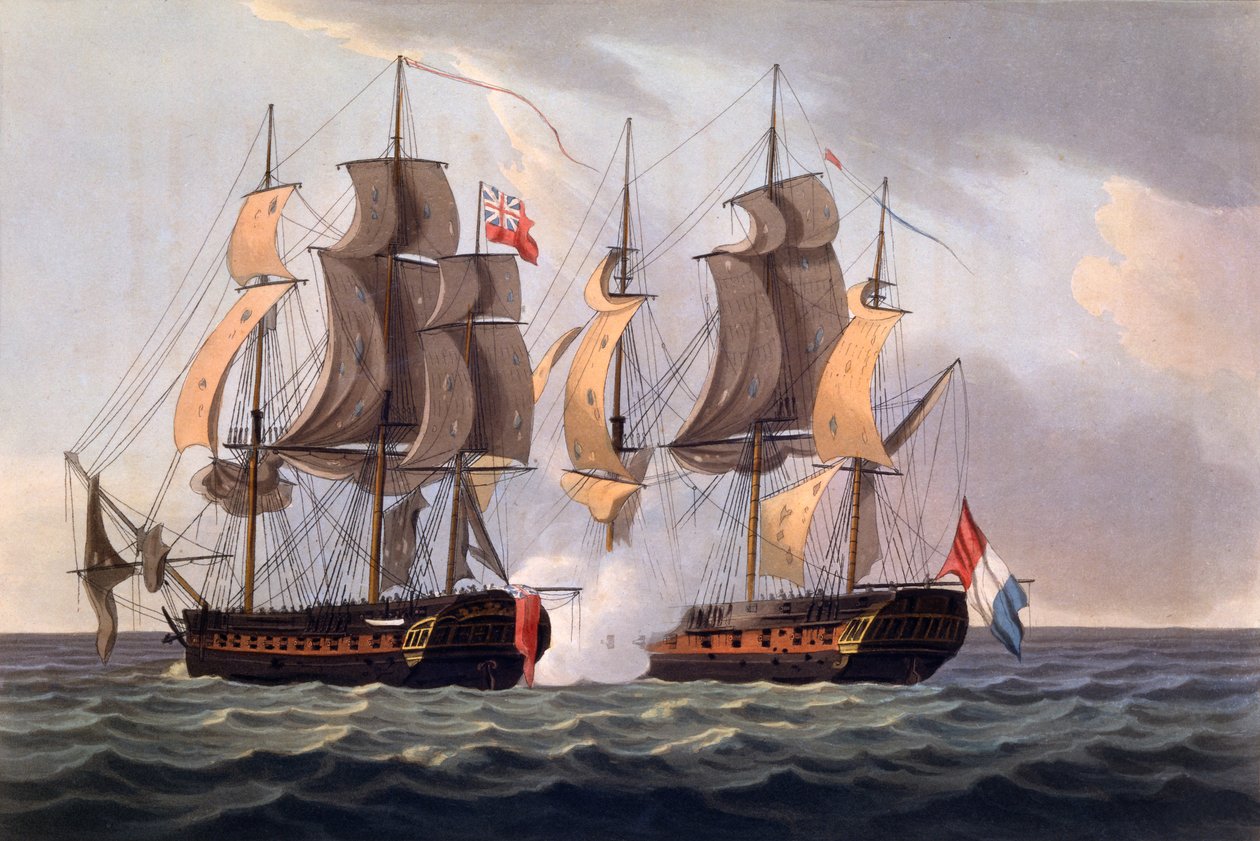 Capture of La Proserpine, tisk od J. Jeakese, z „The Naval Achievements of Great Britain, From the Year 1793 to 1817“, James Jenkins, poprvé publikovaný v roce 1817 (ručně kolorovaná akvatinta) od Thomas Whitcombe