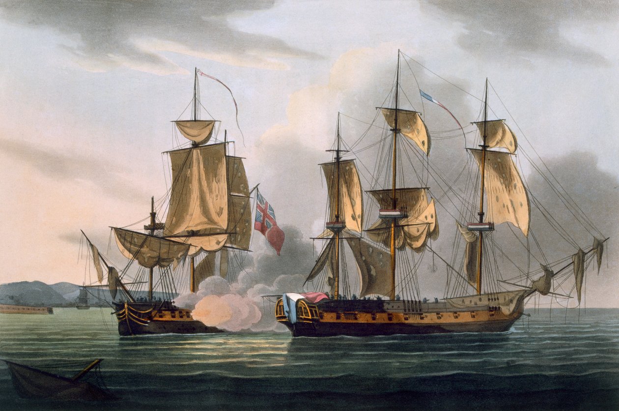 Capture of La Reunion, 21. října 1793, z „The Naval Achievements of Great Britain“ od Jamese Jenkinse, vyryto Josephem Jeakesem (fl. 1796-1809), publikováno 1816 (ručně kolorovaná akvatinta) od Thomas Whitcombe
