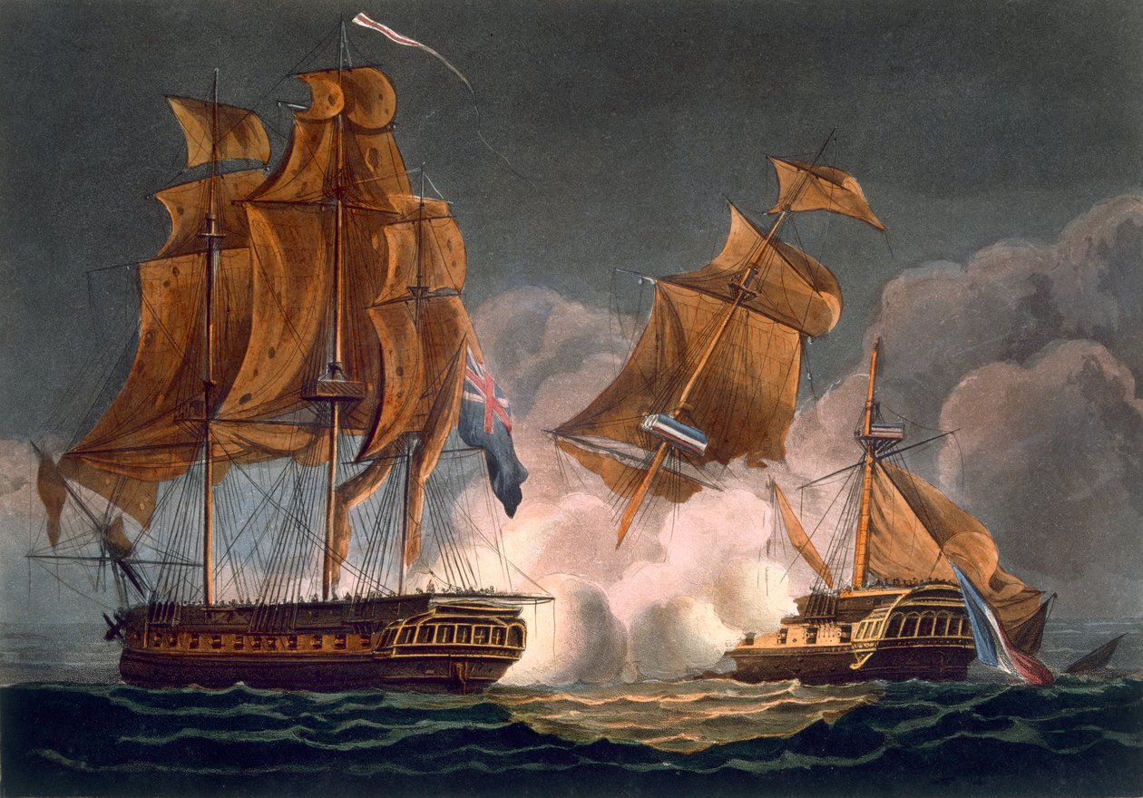 Capture of La Tribune, 8. června 1796, vyryto Thomasem Sutherlandem pro „Naval Achievements“ J. Jenkinse, 1816 (barevná rytina) od Thomas Whitcombe