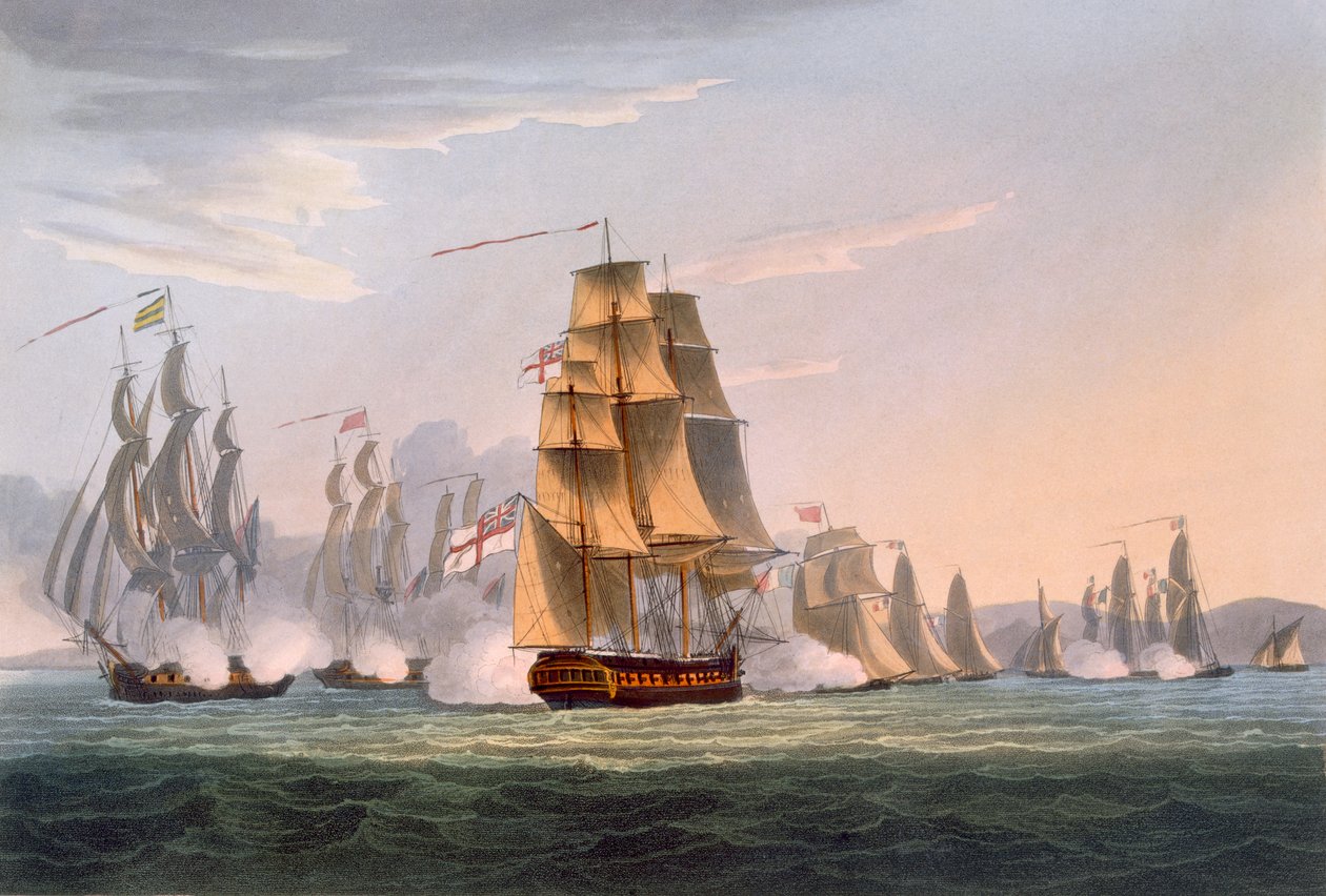 Zachycení Le Sparviere, 3. května 1810, z „The Naval Achievements of Great Britain“ od Jamese Jenkinse, vyryto Jamesem Bailym (b.c.1785), publikováno 1816 (ručně kolorovaná akvatinta) od Thomas Whitcombe