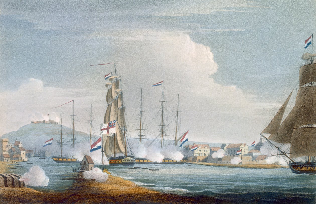 Zachycení přístavu Curacoa, Nizozemská východní Indie, vyryto J. Bailey pro „Námořní chronologii Velké Británie“ od J. Ralfe, vydáno 1820 od Thomas Whitcombe