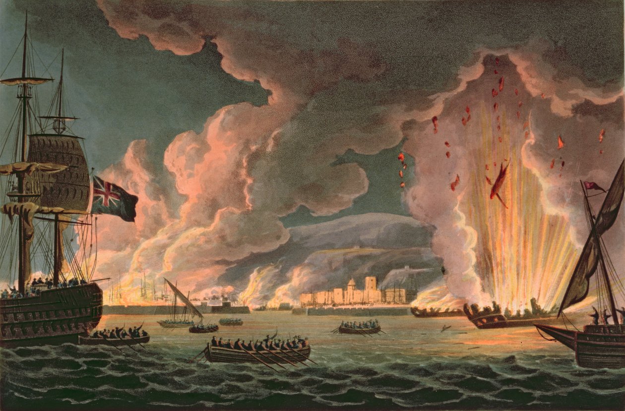Zničení francouzské flotily v Toulonu, 18. prosince 1793, vyryto Thomasem Sutherlandem (nar. 1785), publikováno v roce 1816 (viz také 97232) od Thomas Whitcombe