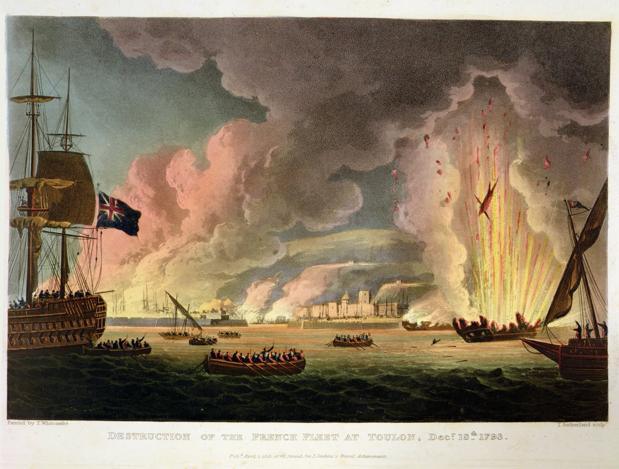 Zničení francouzské flotily v Toulonu, 18. prosince 1793, vyryto Thomasem Sutherlandem pro „Naval Achievements“ J. Jenkinse, 1816 (viz také 286303) od Thomas Whitcombe