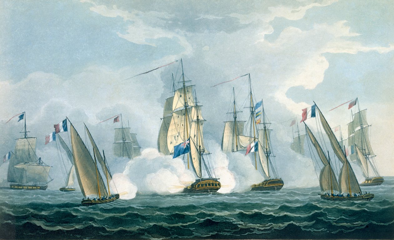 HMS Sirius, kapitán Rowse bojuje s francouzskou eskadrou u ústí Tibery, 17. dubna 1806, vyryl T. Sutherland pro "Námořní chronologii Velké Británie" od J. Ralfa, vydanou roku 1820 (spoluautor) od Thomas Whitcombe