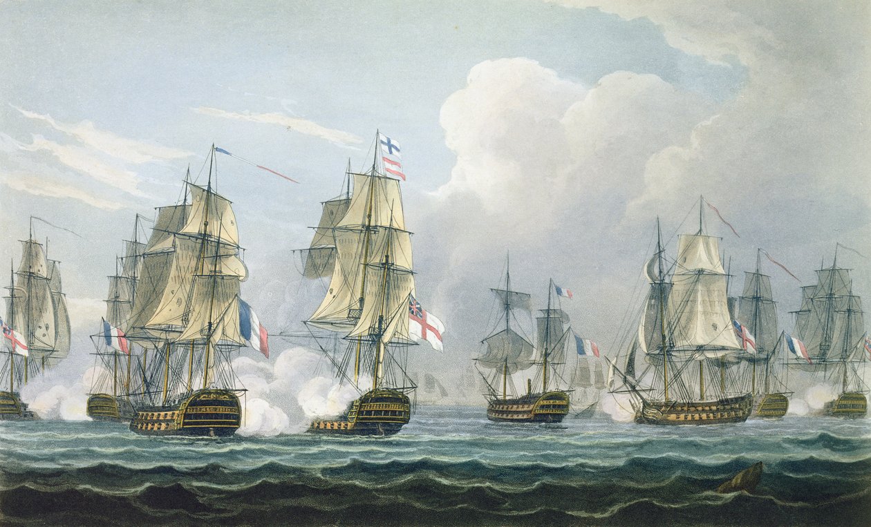 Akce Sira Richarda Strachana po bitvě u Trafalgaru 5. listopadu 1805, ryl T. Sutherland pro „Námořní chronologii Velké Británie“ od J. Ralfe, vydáno 1820 (barevná rytina od Thomas Whitcombe