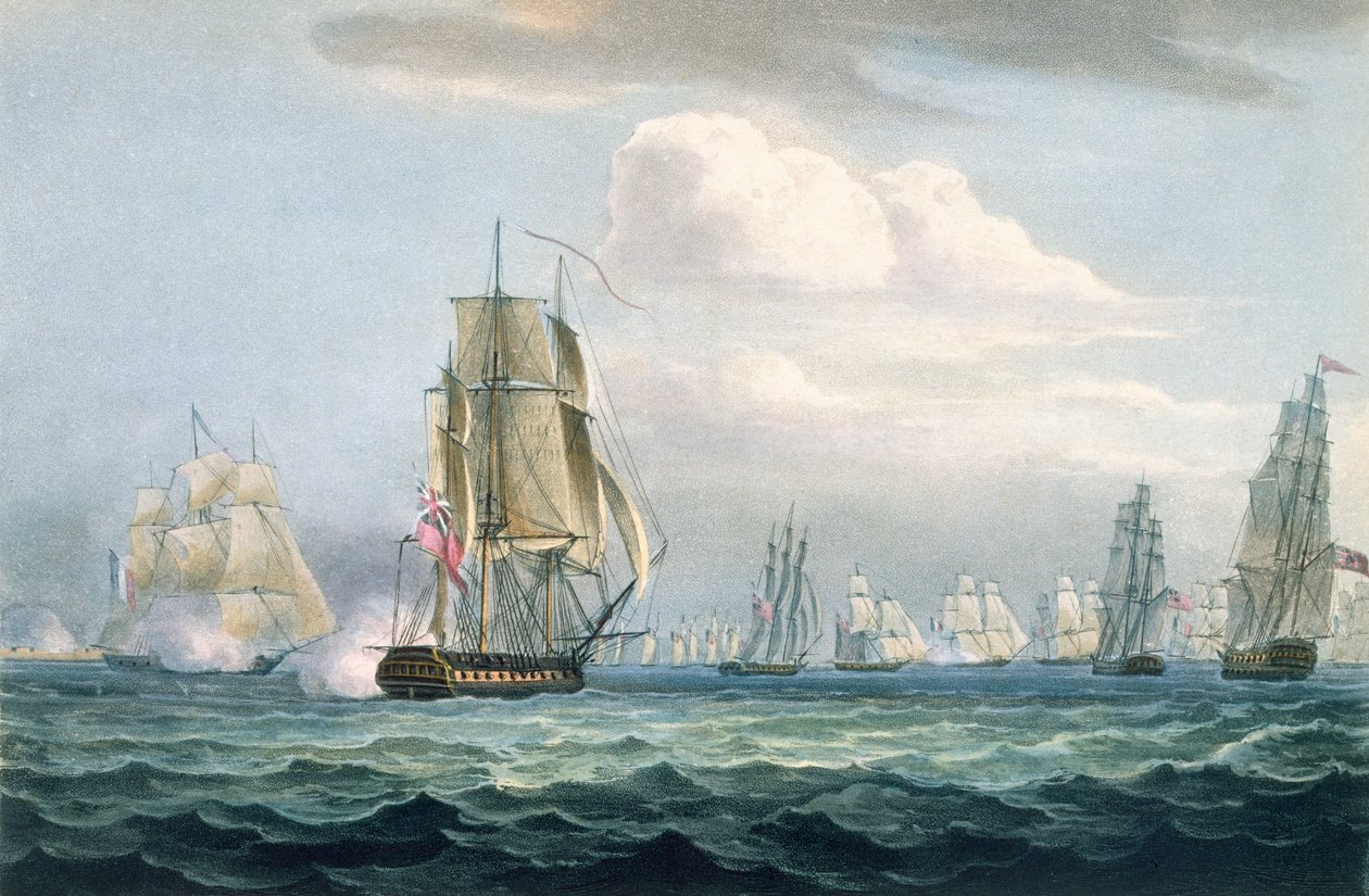 Squadron Sira Sidneyho Smithe (1764-1840) napadající francouzskou flotilu, 26. května 1804, vyryto T. Sutherlandem pro „Námořní chronologii Velké Británie“ od J. Ralfe, vydáno 1820 (barevná rytina od Thomas Whitcombe