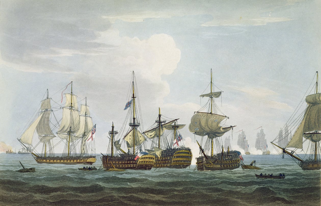 Situace HMS Temeraire v bitvě u Trafalgaru 21. října 1805, vyryto T. Sutherlandem pro „Námořní chronologii Velké Británie“ od J. Ralfe, vydáno 1820 od Thomas Whitcombe