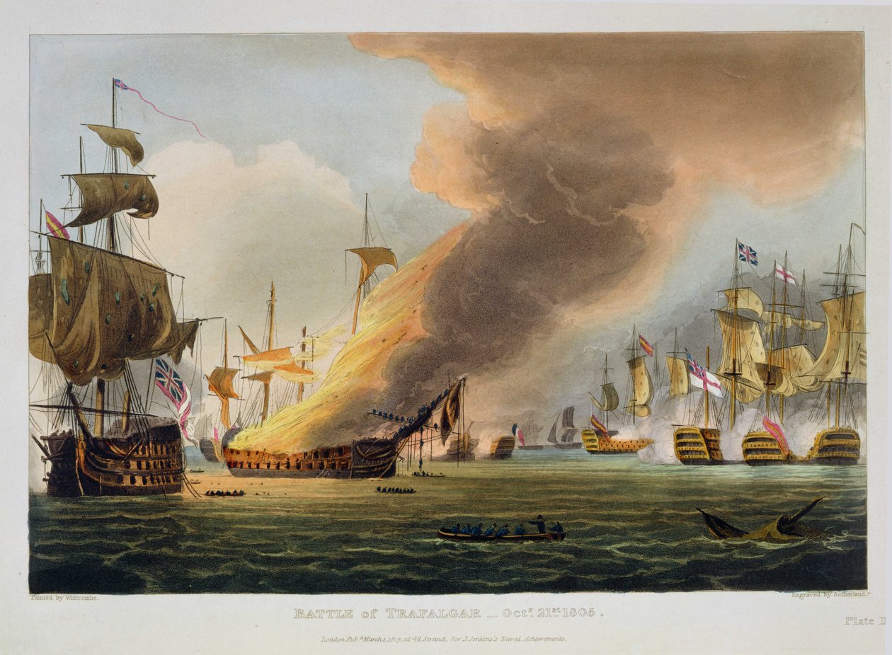 Bitva u Trafalgaru, 21. října 1805, vyryto Thomasem Sutherlandem pro „Naval Achievements“ J. Jenkinse, 1816 (barevná rytina) od Thomas Whitcombe
