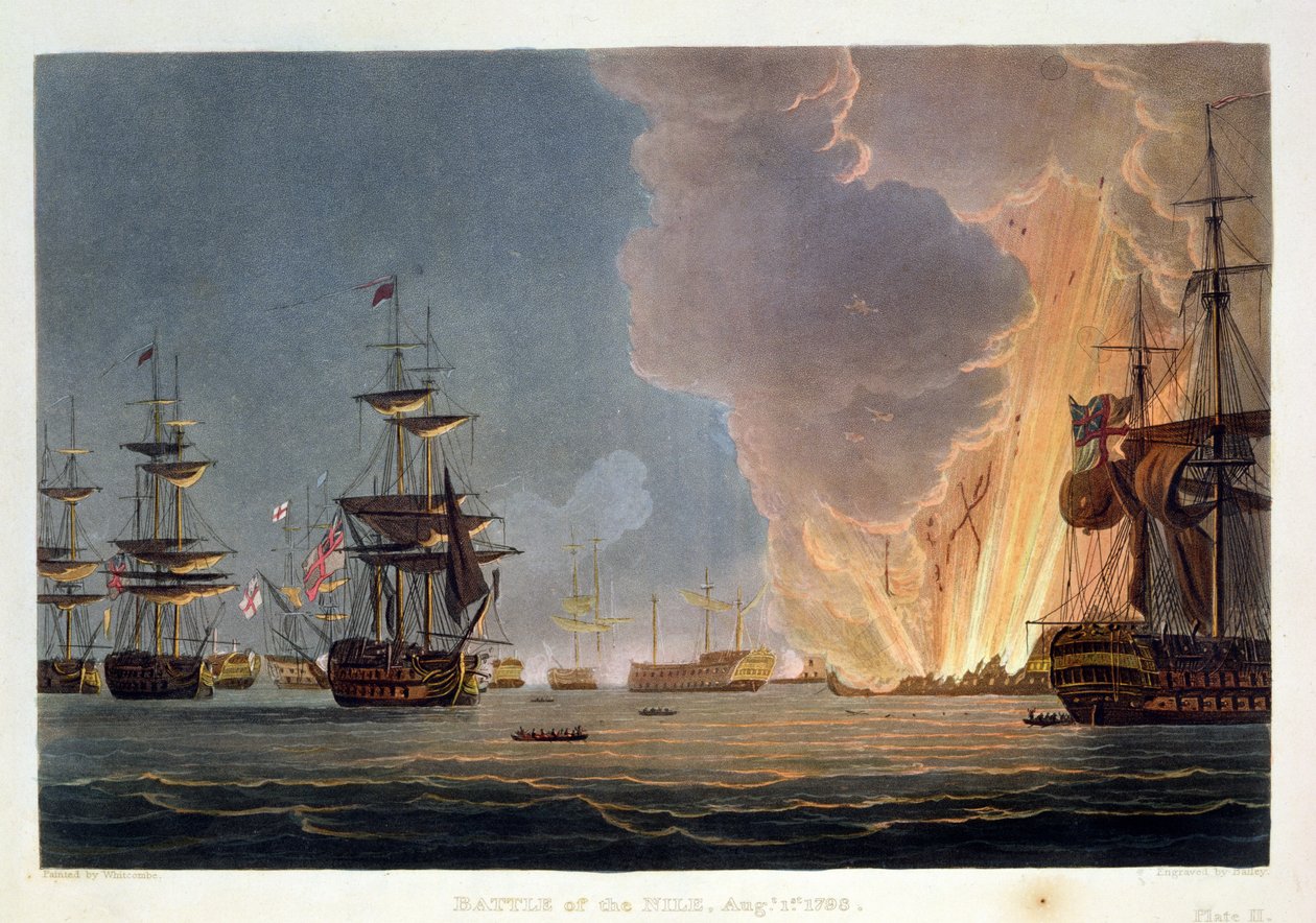 Bitva na Nilu, 1. srpen 1798, vyryto Baileym pro „Naval Achievements“ J. Jenkinse, 1816 (barevná rytina) od Thomas Whitcombe