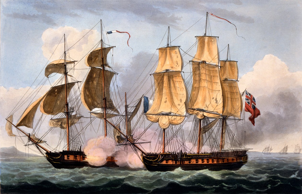 The Capture of La Confiante, 31. května 1798, z „The Naval Achievements of Great Britain“ od Jamese Jenkinse, vyryto Thomasem Sutherlandem, publikováno 1817 (ručně kolorovaná akvatinta) od Thomas Whitcombe