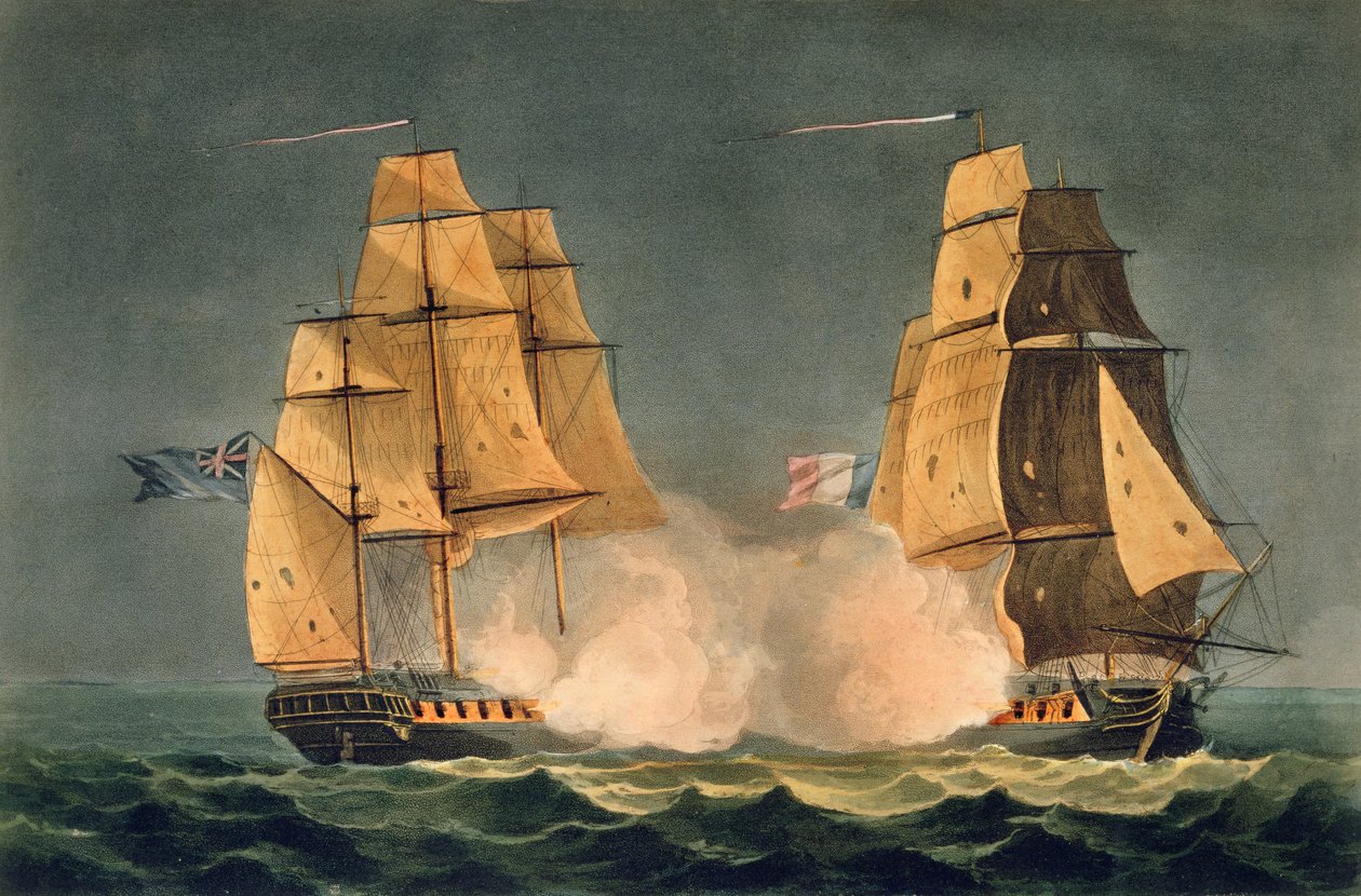 Zajetí La Nereide, 21. prosince 1797, vyryto Thomasem Sutherlandem pro „Námořní úspěchy“ J. Jenkinse, 1816 (barevná rytina) od Thomas Whitcombe