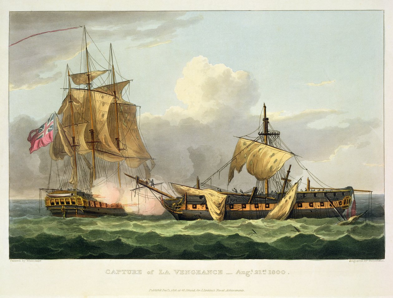 The Capture of La Vengeance, 21. srpna 1800, vyryl Thomas Sutherland pro „Námořní úspěchy“ J. Jenkinse, 1816 (barevná rytina) od Thomas Whitcombe
