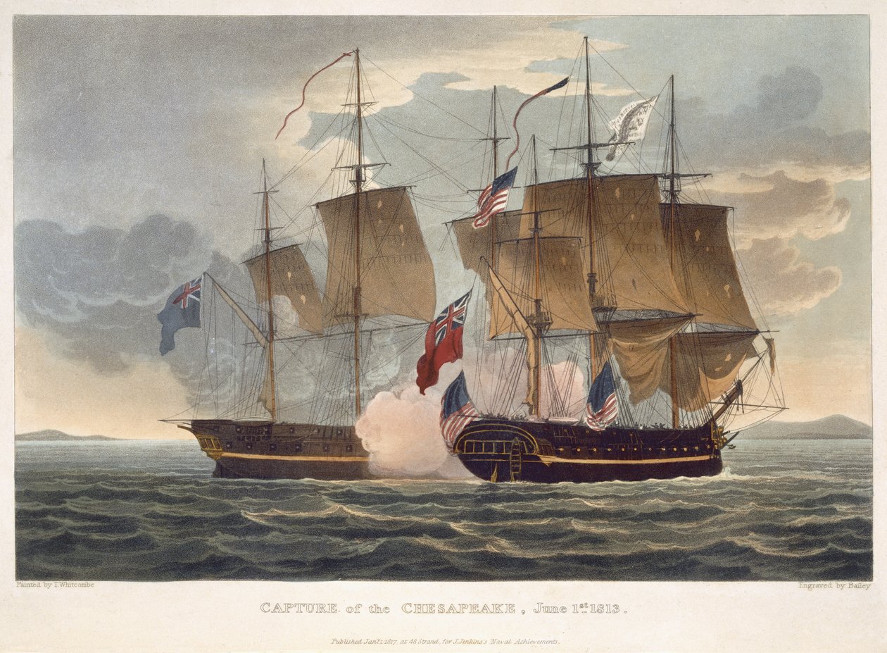 The Capture of the Chesapeake, 1. června 1813, vyryl Bailey pro „Naval Achievements“ J. Jenkinse, 1816 (barevná rytina) od Thomas Whitcombe