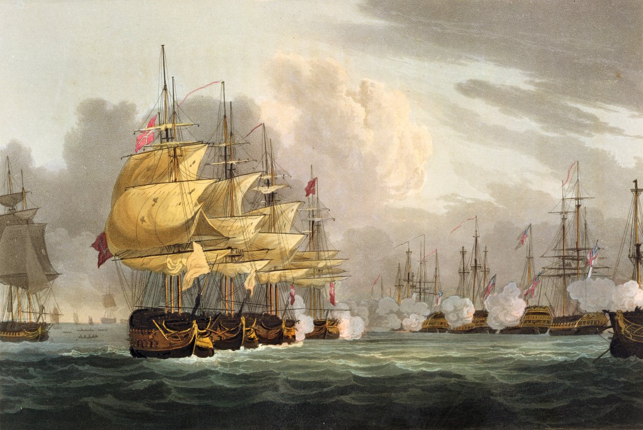 Zničení dánské flotily před Kodaní, 2. dubna 1801, vyryl Bailey pro „Naval Achievements“ J. Jenkinse, 1816 (barevná rytina) od Thomas Whitcombe