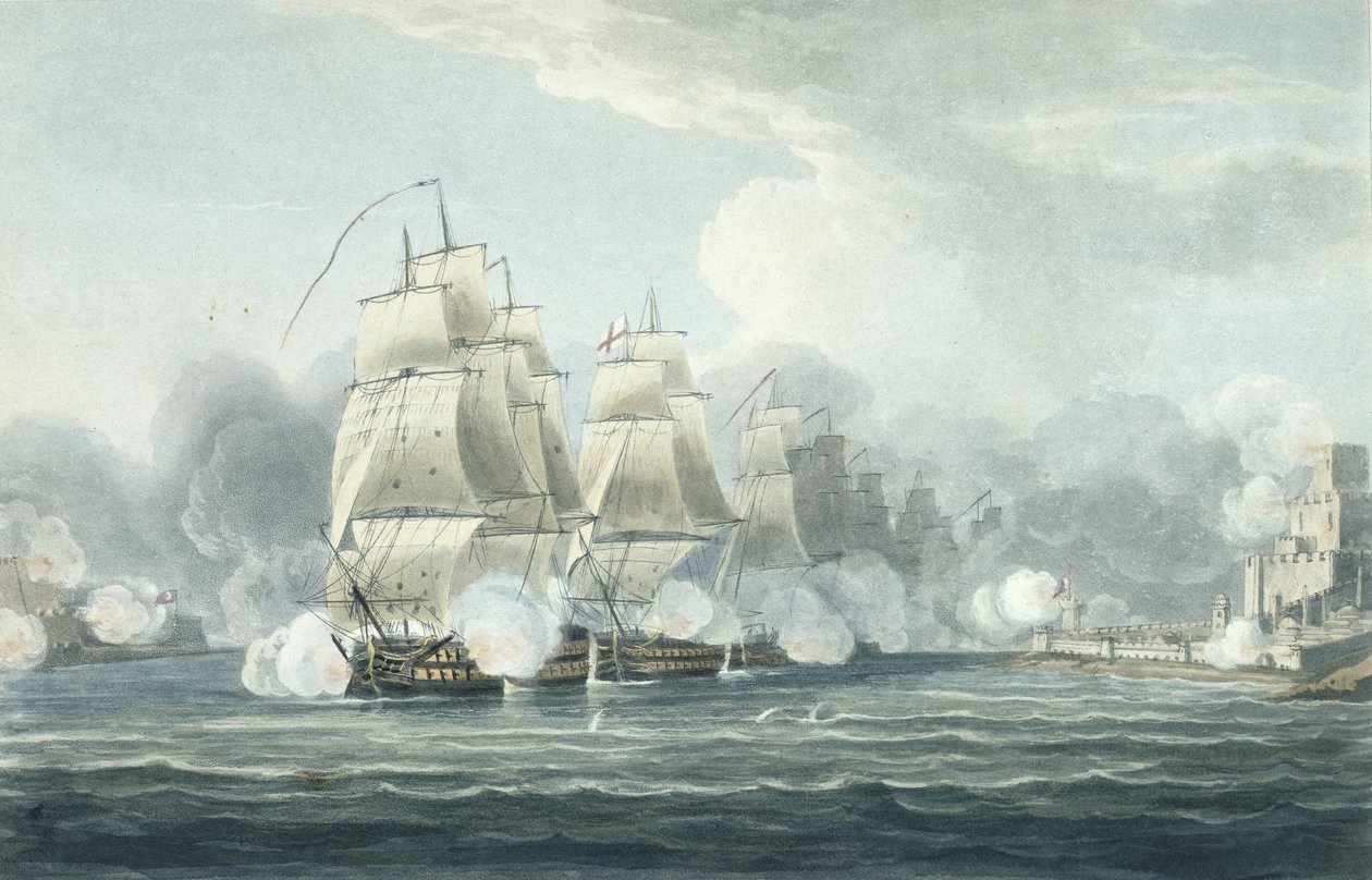 Eskadra pod velením sira F. T. Duckwortha proplouvá úzkým průlivem Dardanel, 19. února 1807, vyryl T. Sutherland pro "The Naval Chronology of Great Britain" od J. Ralfeho, publikovanou od Thomas Whitcombe
