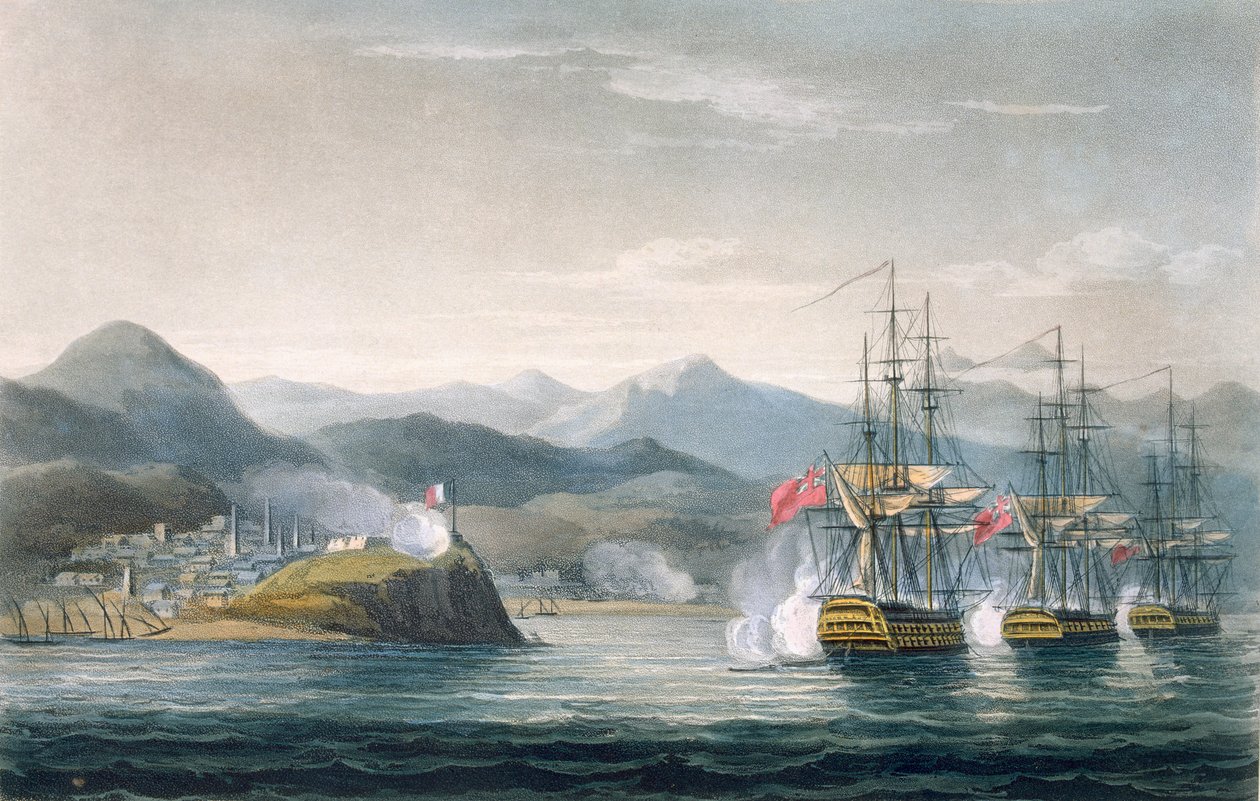 Eskadra pod velením sira J. Brisbanea útočící na pevnost Maurigio 12. dubna 1814, vyryl T. Sutherland pro "Námořní chronologii Velké Británie" od J. Ralfa, vydanou roku 1820 (barevné provedení). od Thomas Whitcombe