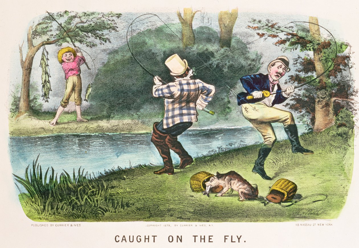 Caught on the Fly, nakladatelství Currier and Ives, New York, 1879 od Thomas Worth