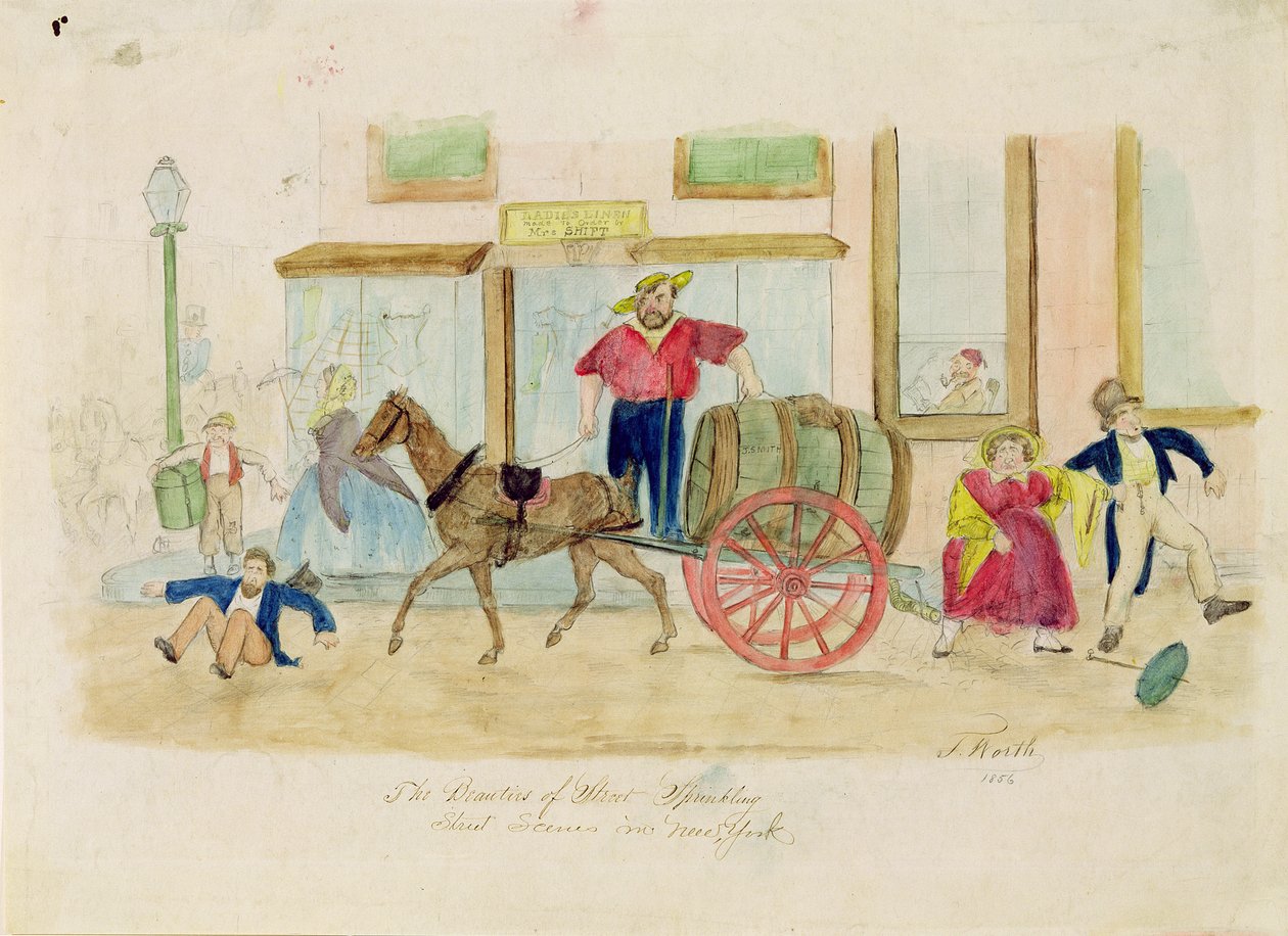 The Beauties of Street Sprinkling, New York City, 1856 (tužka a wc na papíře) od Thomas Worth