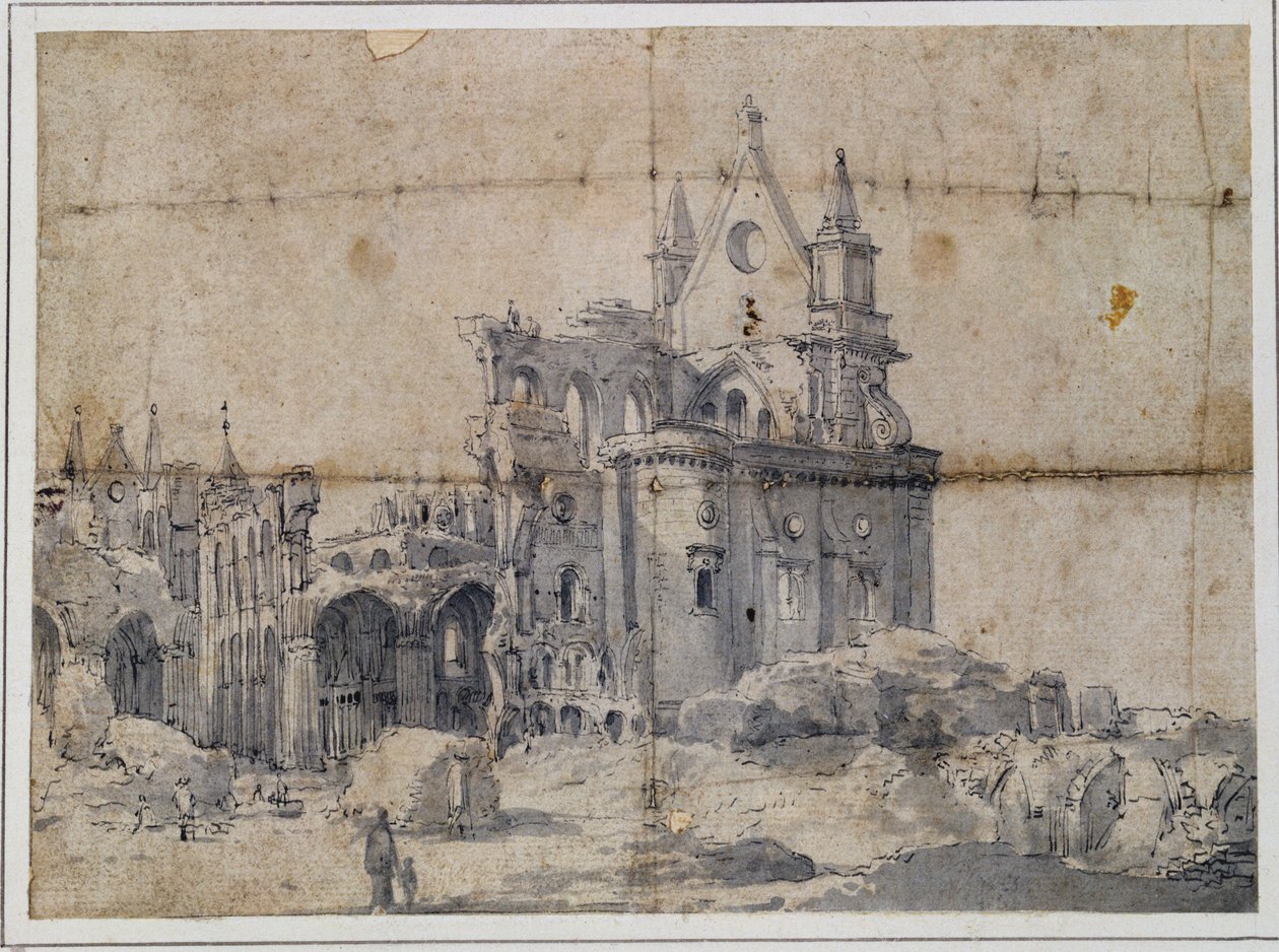 Ruiny katedrály sv. Pavla, kolem roku 1673 (pero a inkoust) od Thomas Wyck