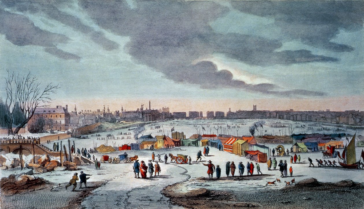 Frost Fair na řece Temži poblíž Temple Stairs v letech 1683-84, vyryl James Stow (1770-c.1820), hospoda. 1825 od Roberta Wilkinsona (barevný tisk) od Thomas Wyke