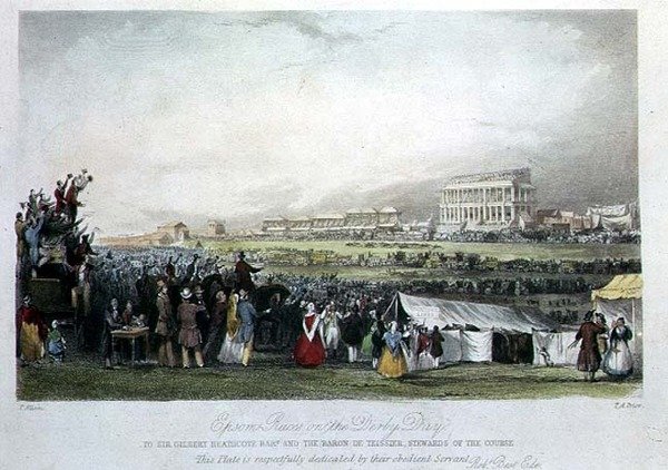 Dostihy v Epsomu v den Derby, 1841, (ručně kolorovaná rytina) od Thomas Allom