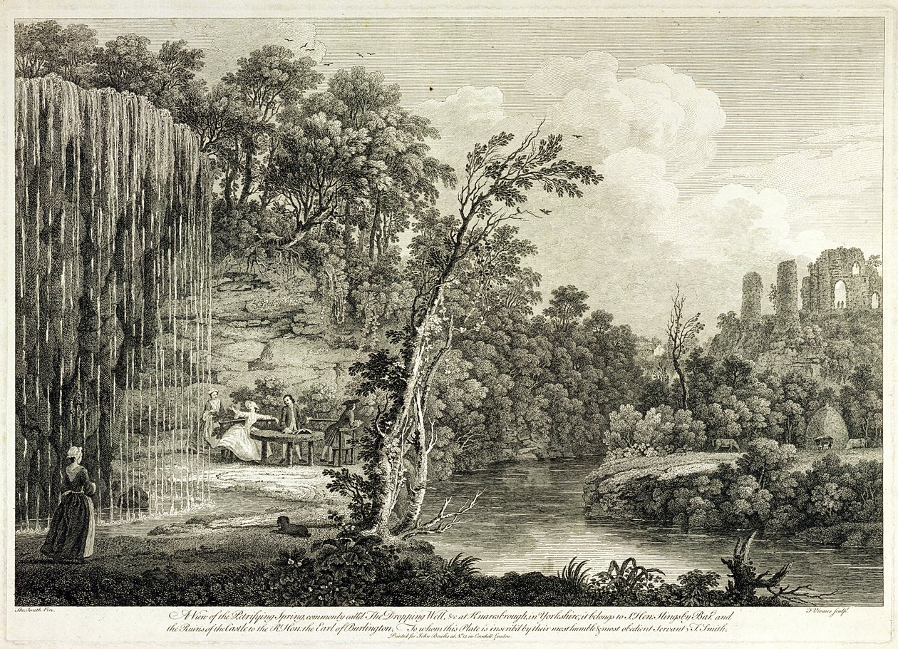 Pohled na zkamenělý pramen zvaný Kropící studna v Knaresborough v hrabství Yorkshire, rytina Francoise Vivarese (1709-80) od Thomas of Derby Smith