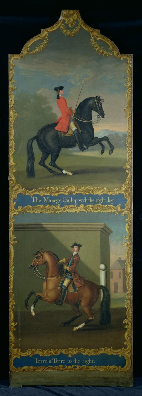 „Manéžský cval pravou nohou“ (nahoře) a „Terre a Terre doprava“ (dole), kolem roku 1750 od Thomas, of Pall Mall Butler