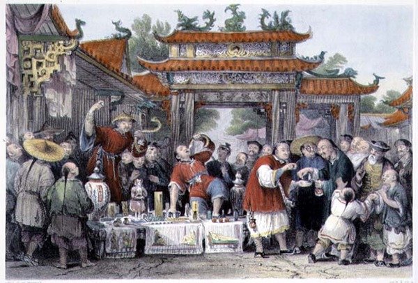 Potulný doktor v Tien-Sing, z „Čína v řadě pohledů“ od George Newenhama Wrighta (asi 1790-1877) 1843 (barevná rytina) od Thomas (after) Allom