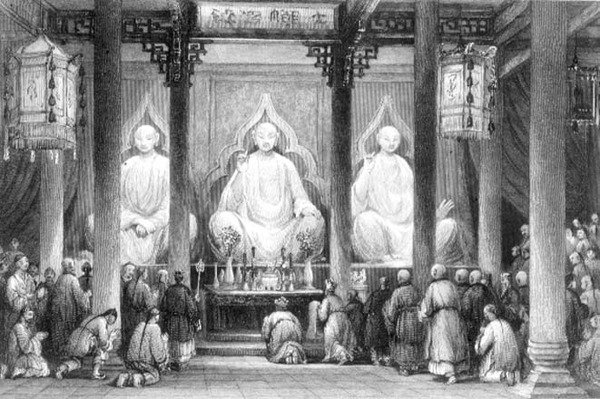 Velký chrám v Hunan, Kanton, rytina A. Willmore (rytina) od Thomas (after) Allom