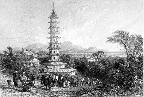 Porcelánová věž, Nanking, rytý Henry Adlard (rytina) od Thomas (after) Allom