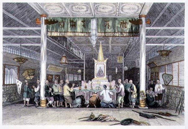 Buddhův chrám, Kanton, z „Čína v řadě pohledů“ od George Newenhama Wrighta (asi 1790-1877) 1843 (barevná rytina) od Thomas (after) Allom