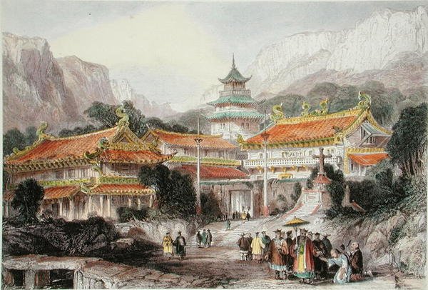 Velký chrám v Poo-Too, Chusanské ostrovy, kolem roku 1850 (barevné lito) od Thomas (after) Allom