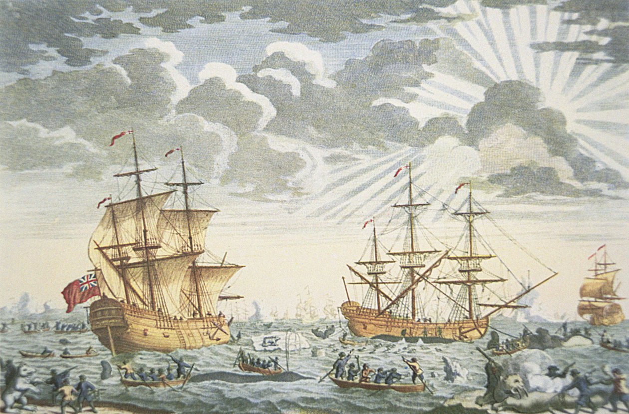 Rybářství Grónska nebo velryb, vyryto E. Kirkallem, kolem roku 1720 (barevně lito) od Thomas (after) Baston