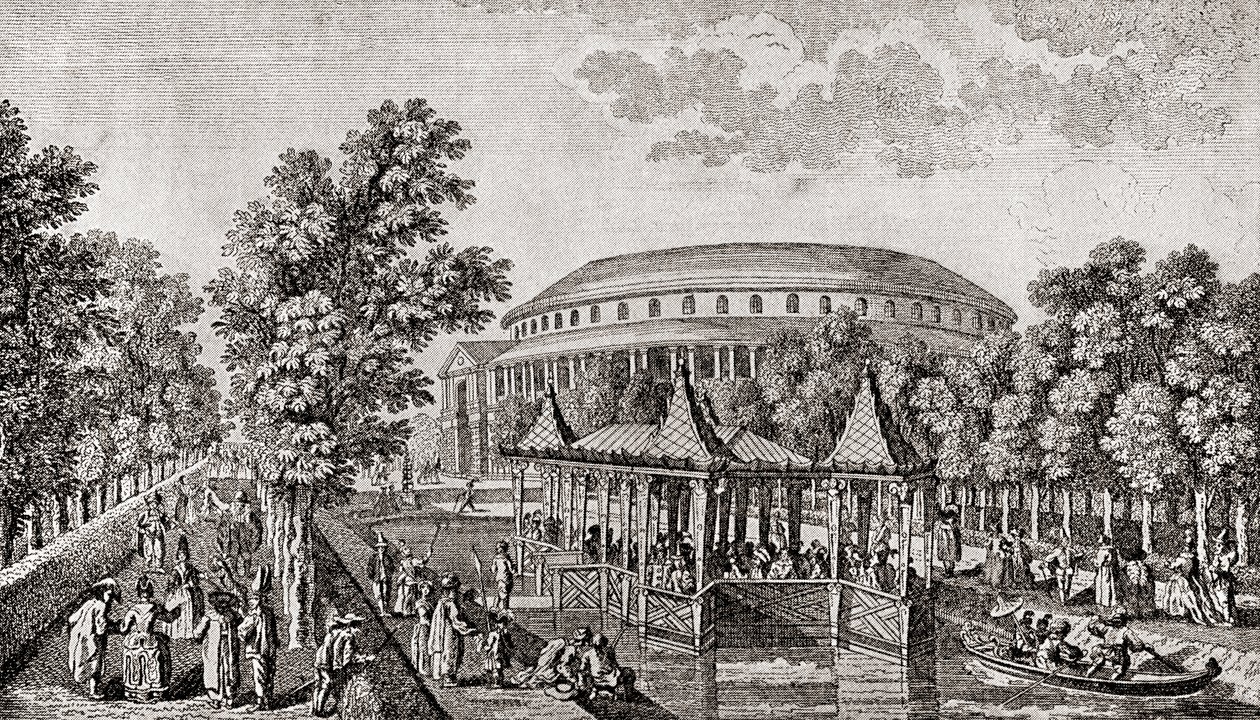 Ranelagh Gardens, Chelsea, Londýn, Anglie. Exteriér rotundy v Ranelagh Gardens, „čínský dům“ a část areálu, po rytině Thomase Bowlese od Thomas (after) Bowles