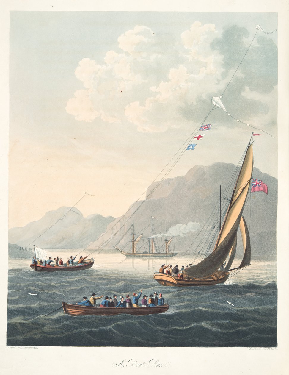 A Boat Race, z "Aeropleustic Art, or Navigation in the Air, by Use of Kites, or Buoyant Sails, pub. 1827 (ručně kolorovaná akvatinta) od Thomas (after) Butterworth
