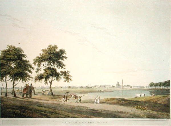 Část Černého města, Madras, deska 34 z „Oriental Scenery: Twenty Four Views in Hindoostan“, vyryté Thomasem a Williamem (1769-1837) Daniell od Thomas (after) Daniell
