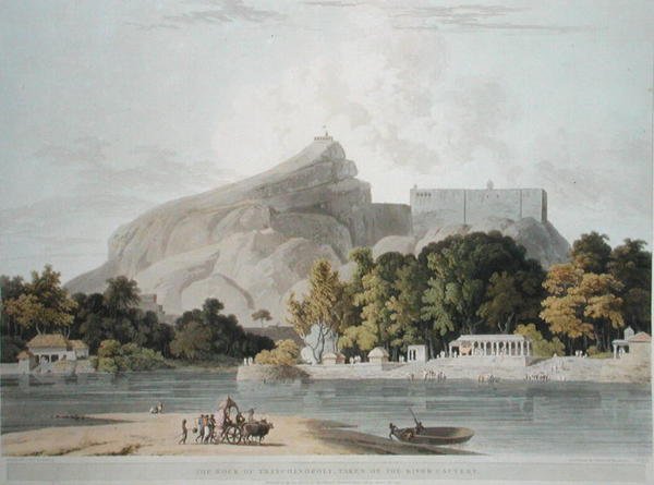 Skála Trichinopoly na řece Cauvery, deska 45 z knihy "Orientální scenérie: Pohledy z Hindoostánu", rytina Thomase a Williama (1769-1837) Daniellových od Thomas (after) Daniell