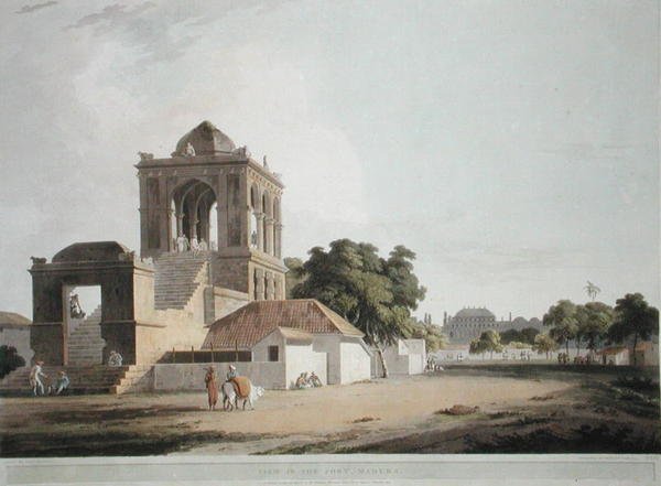Pohled do pevnosti, Madura, deska 40 z „Oriental Scenery: Twenty Four Views in Hindoostan“, vyryté Thomasem a Williamem (1769-1837) Daniell, vydáno 1797 (barevně lito) od Thomas (after) Daniell