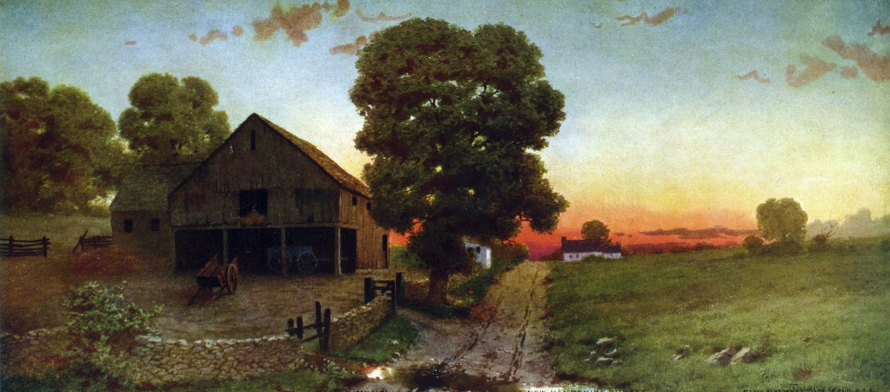Západ slunce v New Hampshire, c1910. Po Thomasi Moranovi (1837-1926) americký umělec anglického původu. Spojené státy krajina pastvina dráha farma stodola košík strom nebe večer od Thomas (after) Moran
