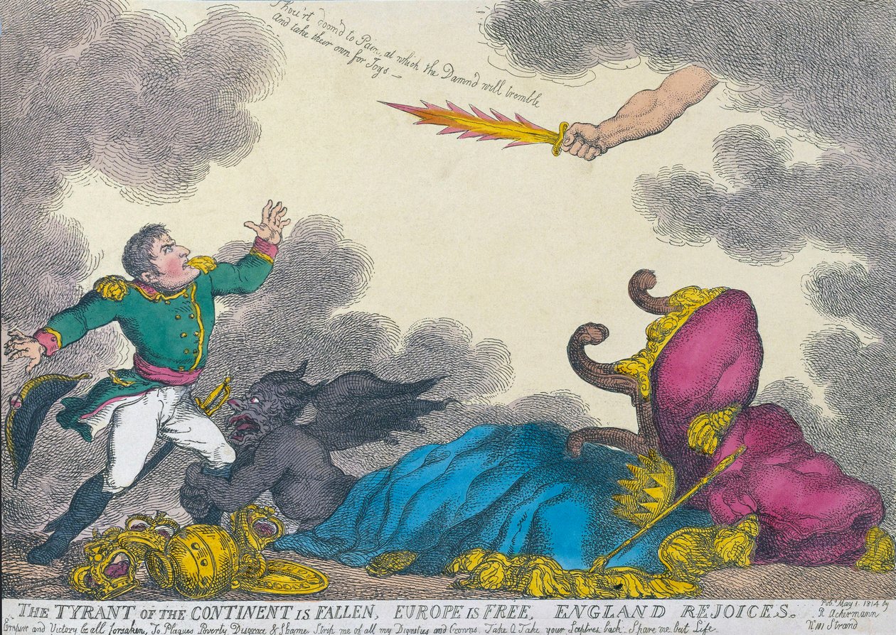 Kreslený film oslavující Napoleonovu abdikaci v roce 1814 od Thomas (after) Rowlandson