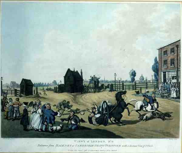 Views of London, No. 6: Entrance from Hackney or Cambridge Heath Turnpike with the Distant View of St. Paul