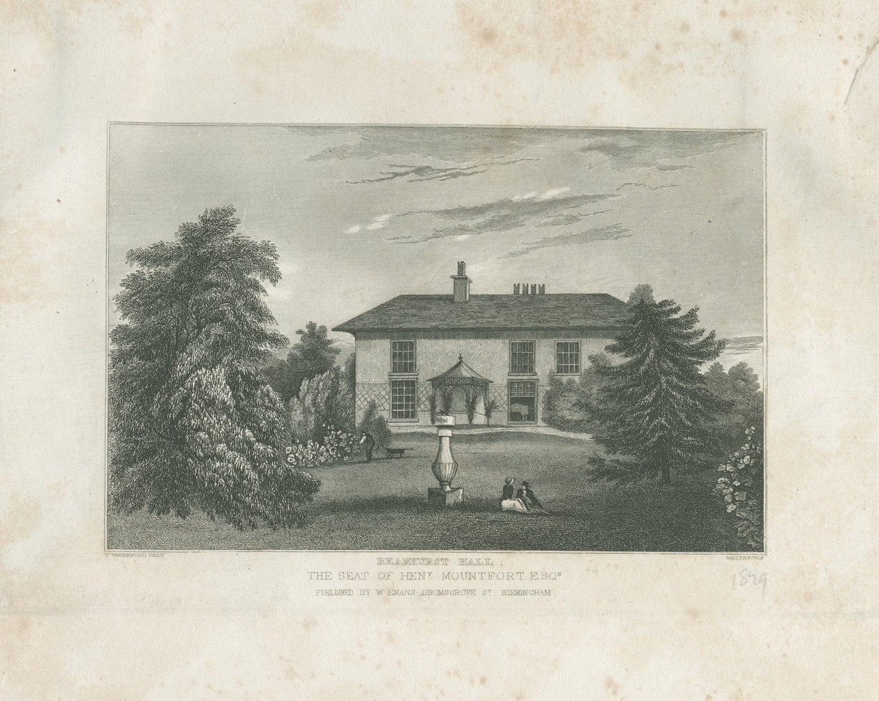 Checkley - Beauhurst Hall: rytina, nd [cca 1820-1830] (tisk) od Thomas (after) Underwood