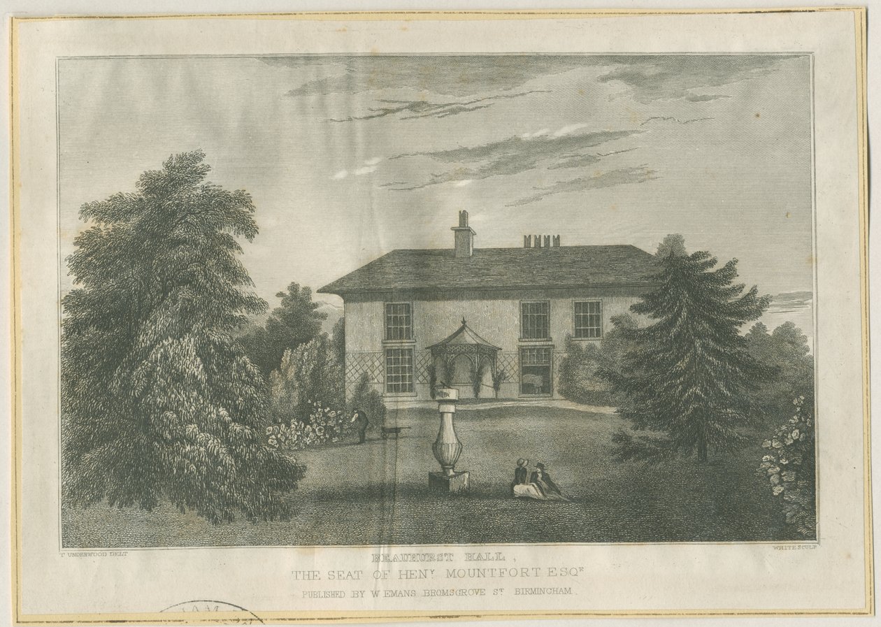 Checkley - Beauhurst Hall: rytina, nd [c 1820-1830] (tisk) od Thomas (after) Underwood