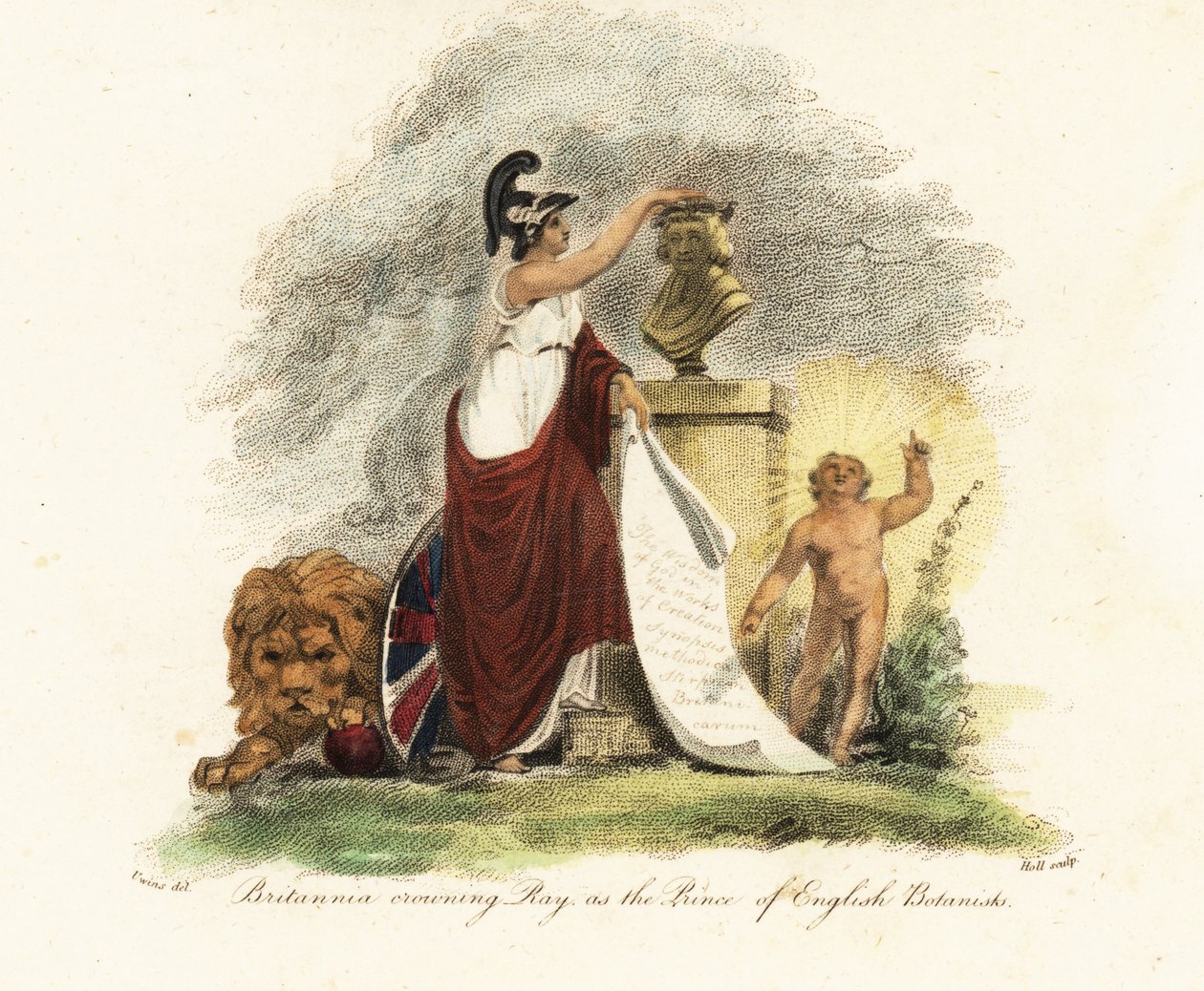 Britannia korunující Johna Raye za prince anglických botaniků. 1806 (rytina) od Thomas (after) Uwins